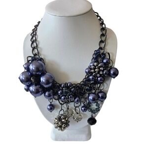 Chunky‎ Statement Necklace Purple Beaded Rhinestones Crystals Suede Ribbon Chain